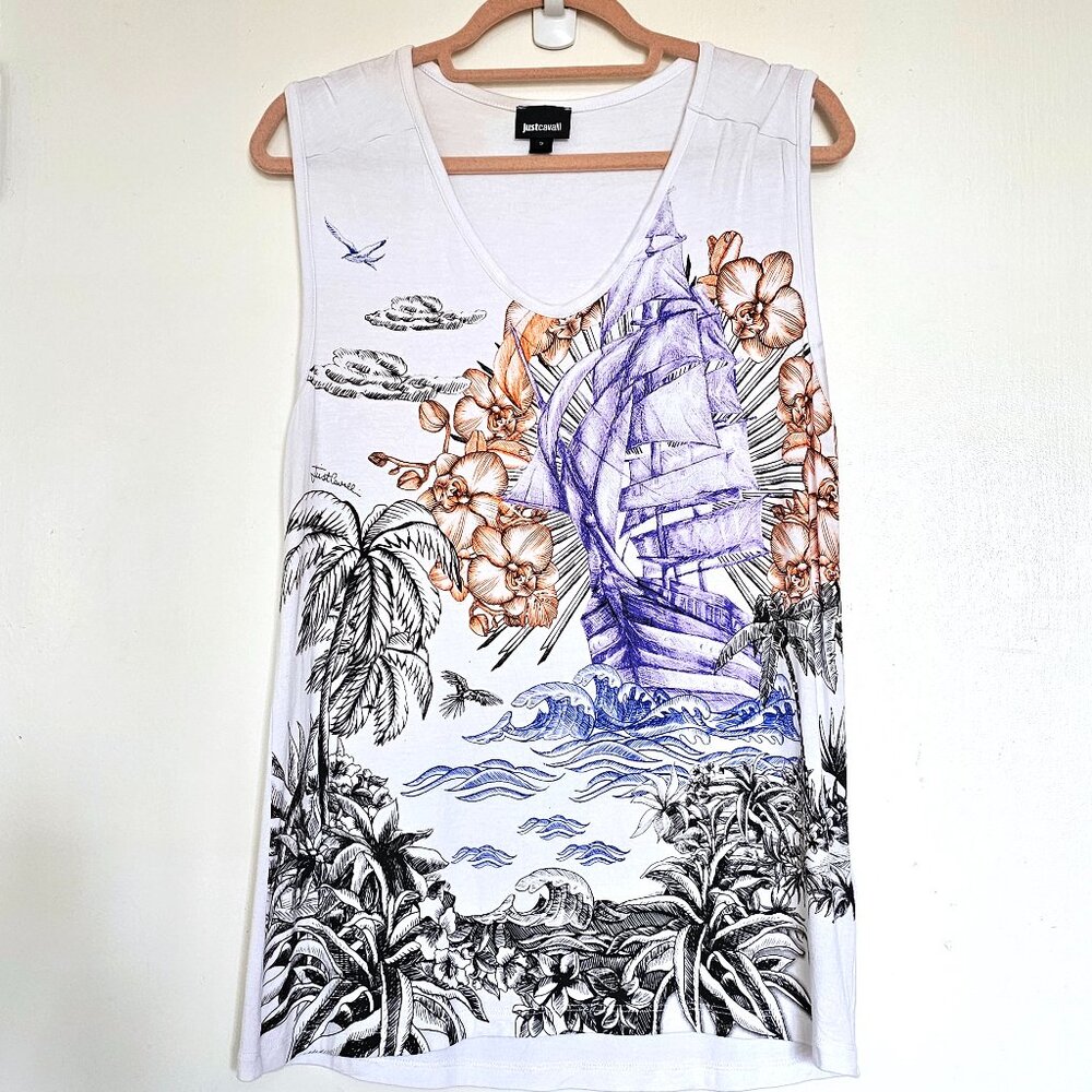 Roberto Just Cavalli Printed Floral Sailing Ship Marine Sleeveless Tank Top S